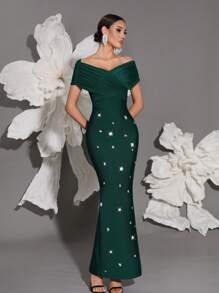 Off Shoulder Handmade Beaded Bodycon Bandage Dress, Sexy & Fitted, Suitable For Family Gatherings, Parties, Formal Events - Dark Green - View 1