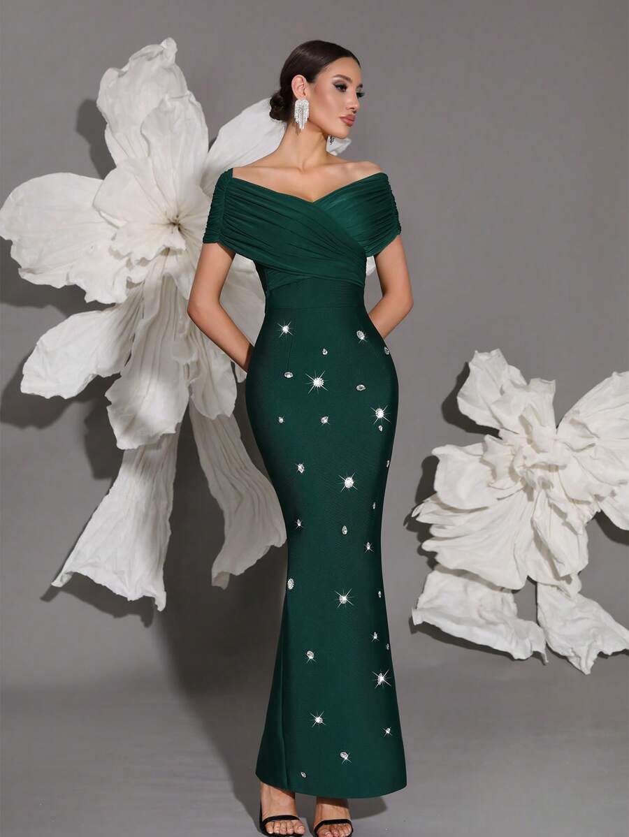 Off Shoulder Handmade Beaded Bodycon Bandage Dress, Sexy & Fitted, Suitable For Family Gatherings, Parties, Formal Events - Dark Green - View 1