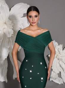 Off Shoulder Handmade Beaded Bodycon Bandage Dress, Sexy & Fitted, Suitable For Family Gatherings, Parties, Formal Events - Dark Green - View 6