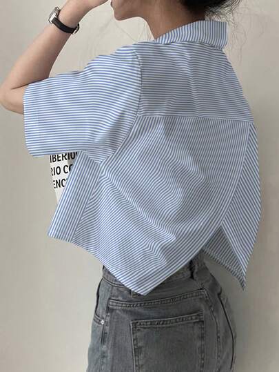 Women's Casual Short Sleeve Striped Button-Down Shirt With Asymmetric Cross Design
