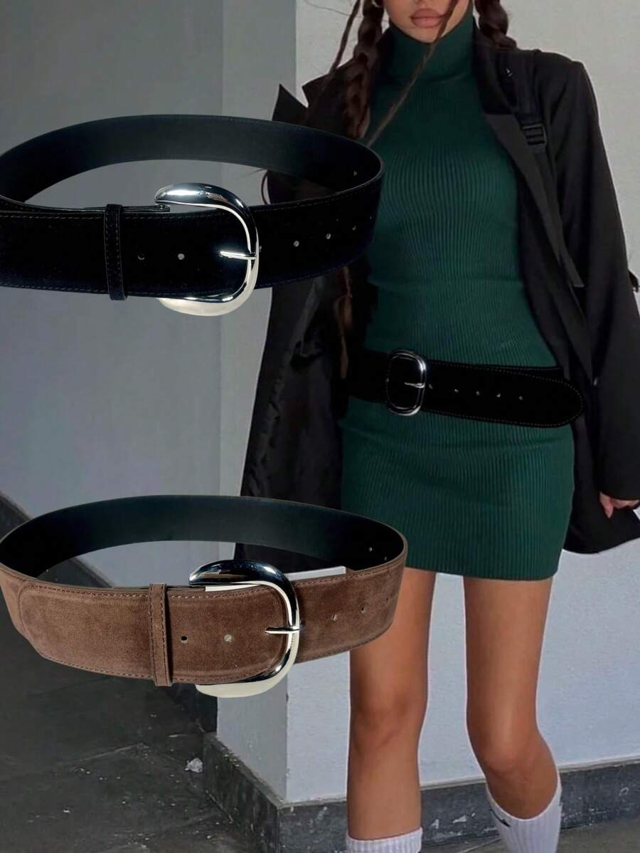 1 件纯色 PU 皮革复古做旧银扣性感黑棕色绒面牛仔风格男女通用腰带配饰，适合所有季节夏季、学校秋季、秋季、万圣节