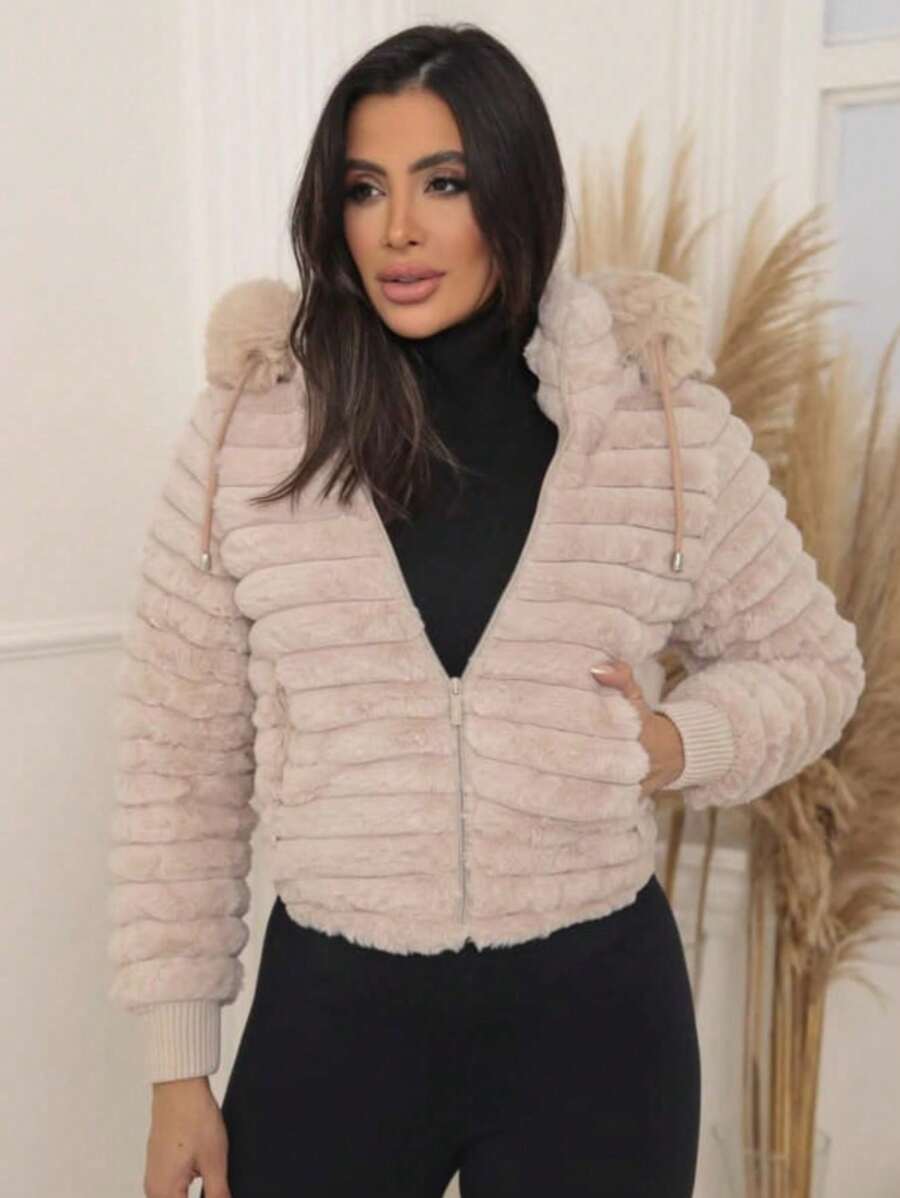 WOMEN'S PUFFER TEDDY JACKET WITH FUR AND HOOD, STYLISH AND COMFORTABLE, PREMIUM PIECE - 米色 - 查看 1