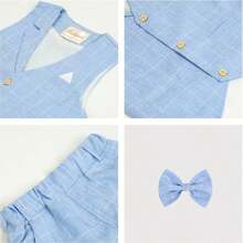 LONTAKIDS Boys Summer Suit Dress Clothes Kids Wedding Ring Bearer Outfit 4Pcs Shirt Vest Shorts Set - 藍色 - 查看 6