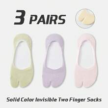 3 Pairs Women's Plain Solid Color Comfortable Antibacterial Moisture-Wicking Two-Toe Japanese Zori Style Low Vamp Hidden Heel Non-Slip Toe Socks, Suitable For All Seasons