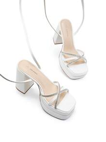 Women Lace Up Platform Heeled Sandals With Rhinestone Decor Fashion Y2K Style Strappy Chunky High Heeled Sandals For Party Date Prom - 白色 - 查看 7