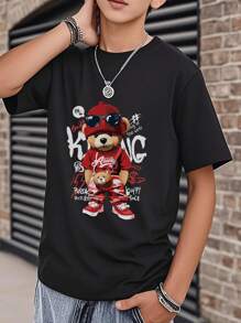 1 pezzo Maglietta a maniche corte con stampa di orso, adatta per ragazzi pre-adolescenti per l'estate - nero - Visualizzare 5