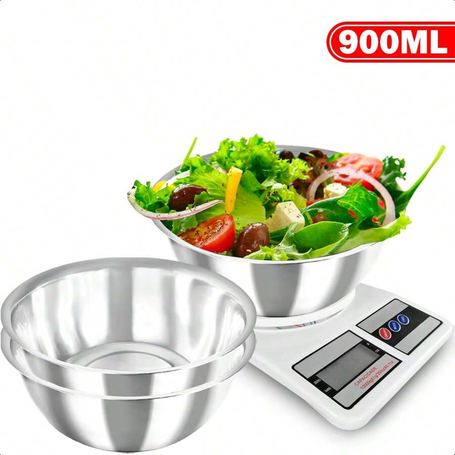 Portable Electronic Digital Scale High Precision Kitchen Diet 10kg And Kit 3 Stainless Steel Bowls 900ml - White - View 1