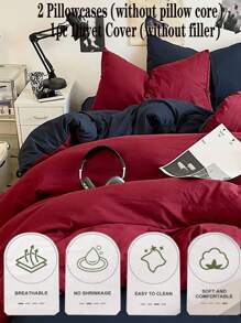 3 件套勃艮第红和海军蓝双面柔软宿舍/卧室羽绒被套套装，1 个羽绒被套和 2 个枕套，可机洗，不含填充物 - 紅色 - 查看 5