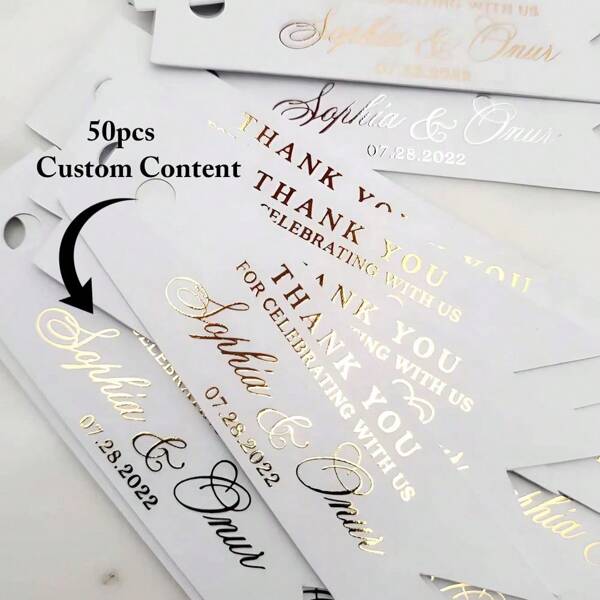 50 unidades Etiquetas personalizadas para boda, Tarjetas con nombre en dorado, Etiquetas personalizadas de agradecimiento para boda con orificios perforados previamente