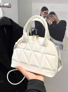 Classic Fashion Solid Color Quilted PU Leather Tote Bag, Women's Versatile Dome Top Handle Crossbody Bag, Simple Travel Vacation Handbag With Adjustable Shoulder Strap, Business Commuting Briefcase Shoulder Bags