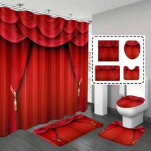 [Popular Choice] 1pc/4pcs Bathroom Shower Curtain Set, Bathroom Decor, Red Patterned Shower Curtain, Seasonal Theme, Classic Luxury Bathroom Set, Includes 12 Hooks Summer Bathroom Accessories Back To School - Red - View 1