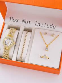 6-Piece Girl's Watch Set With Rhinestones, Roman Numeral Dial Quartz Watch + Bracelet, Necklace, Ring, Earrings, Alloy Band And Case, Gift For Mother's Day, Birthday, Anniversary - Multicolor - View 14