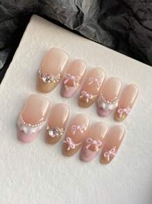XEERCOOU Bộ 10 móng tay giả kiểu Pháp đính nơ hồng ren công chúa xinh xắn, đầu móng giả kèm 1 miếng dán và 1 dũa móng mini - Nhiều màu - Xem 7