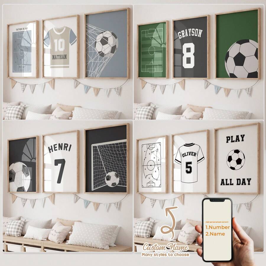 Bộ 3 tranh canvas in số và tên cầu thủ bóng đá cá nhân hóa, tranh nghệ thuật treo tường in tên cầu thủ bóng đá theo yêu cầu cho trang trí nhà cửa, tranh canvas in tên cầu thủ bóng đá hoạt hình màu nước làm quà tặng cho phòng khách, phòng ngủ, phòng bếp, phòng bé trai, quà tặng và trang trí nhà cửa, quà tặng không khung trang trí phòng học, đồ dùng học tập