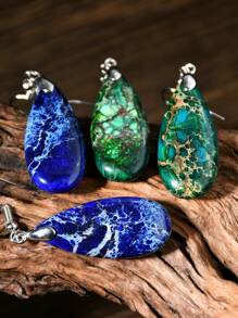 Brincos pendurados em formato de gota vintage, decoração de pedra natural, estilo boêmio retrô, enfeites de orelha para feriados, gradiente de cor, azul e verde