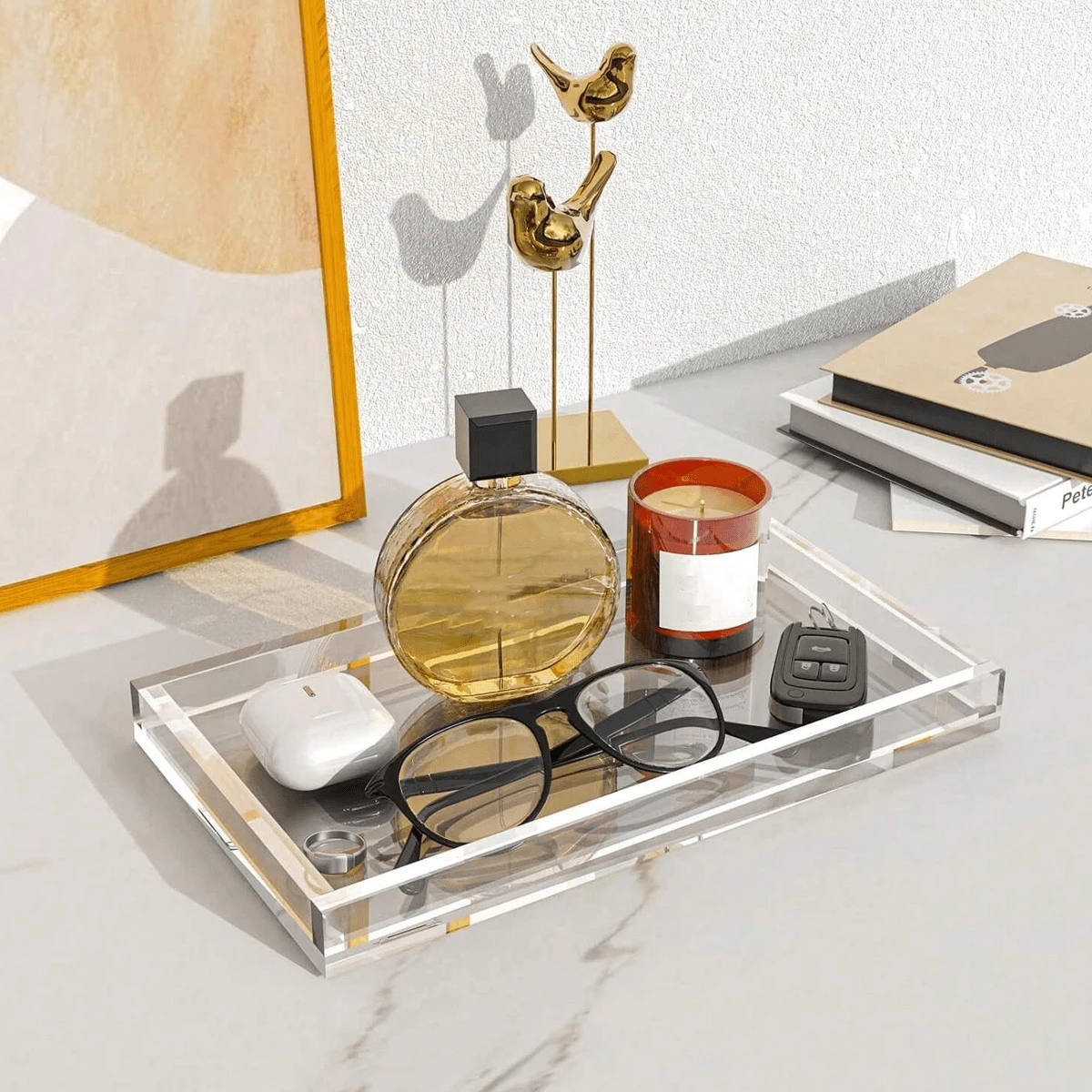 1 conjunto de organizador de bandeja de acrílico transparente/preto, suporte para cosméticos, joias, maquiagem, banheiro, cozinha, balcão, luz de luxo