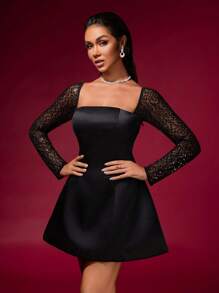 Solid Color Square Neck A-Line Dress With Sequin Patchwork Long Sleeve, Party Gown - Black - View 4
