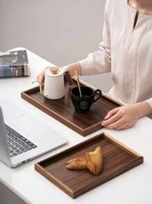1pc/3pcs Brown Wooden Rectangular & Round Serving Tray, Household Dessert Plate, Hotel Restaurant Coffee Plate, Tea Tray, Fruit, Sushi, Steak, Bread, Snack Wood Display Platter, Clear Texture Cup Saucer