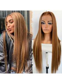 蕾丝前假发，直发假发，蜜金色合成蕾丝假发，长直发，13x5x1高清蕾丝假发，自然逼真，无需胶水，日常佩戴 - 挑染金色 - 查看 2