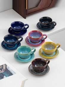 1pc 170ml Ceramic Coffee Cup & Saucer Set, Reactive Glaze Creative European Style Coffee Mug, Vintage Latte, Espresso, Breakfast Cup Back To School