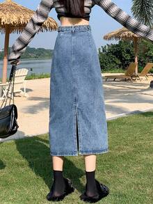 女式可调节腰部休闲复古水洗开衩下摆宽松长款牛仔裙 - 淺藍色 - 查看 8