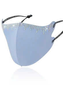 Rhinestone Decorated Fringe Thin Breathable Ice Silk Face Mask With Crystals,Solid Color Sun Protection,Summer