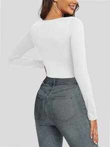 Yeeloon Women's Autumn Fashion Slim T-Shirt Sexy Long-Sleeved Shirt Square Collar Out Top - 白色 - 查看 2