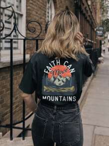 Áo thun nữ mùa hè in chữ và hình núi, kiểu dáng rộng rãi, vai rớt, thích hợp mặc đi nghỉ mát. - màu đen - Xem 5