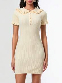 Women's Knit Short Dress Solid Color Ruffled Lapel Neck Short Sleeve Button Front Bodycon Dress For Summer - Yellow - View 5