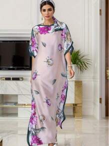 1pc Women Floral Printed Faux Silk Long Scarf With Hijab, Loose Plus Size Shawl For Homewear, Suitable For Summer & Autumn, Indoors And Air-Conditioned Rooms, Abaya Hijab, Modest Kaftan