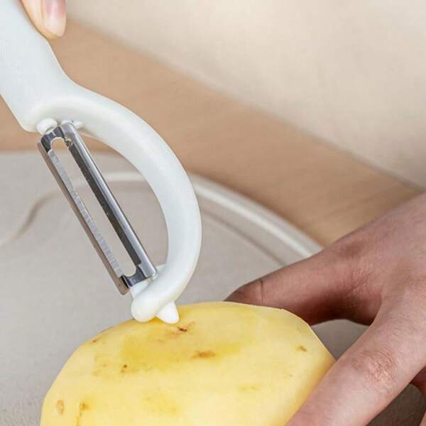 1 pieza Pelador de acero inoxidable en forma de P, cuchillo multiusos para pelar frutas, patatas y verduras