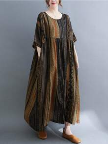 Top, 2025 Lato Nowa Czeska Pasiasta Sukienka Casualowa, Sukienka Damska, Codzienna Odzież Damska Plus-Size, Damska Plus-Size Luźna Sukienka Vintage Okrągły Dekolt I Rękawy Duży Swing Luźny