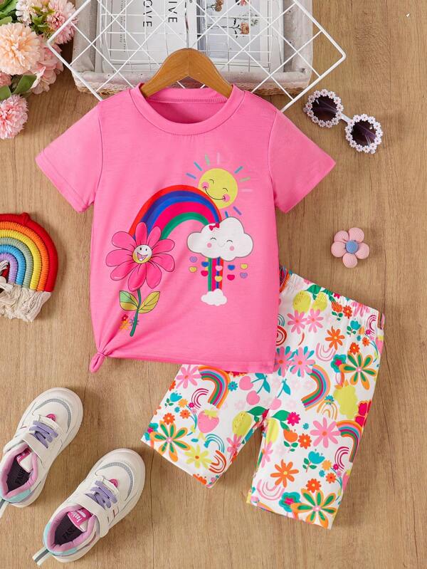 Ensemble haut à manches courtes et short décontracté pour jeunes filles avec motifs floraux, arc-en-ciel et soleil