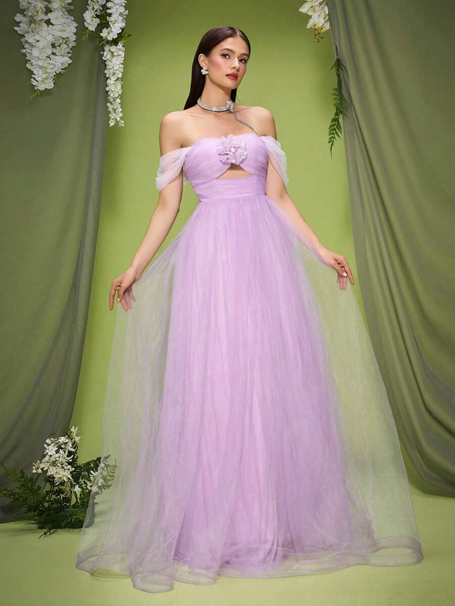Mgiacy,New Arrival,Off Shoulder,Shining,Mesh Ruched,Elegant,3D Floral,Romantic,Bridesmaid Dress,Long Dress - Purple - View 1