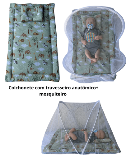 Colchonete Grande para bebê + Travesseiro + Mosquiteiro
