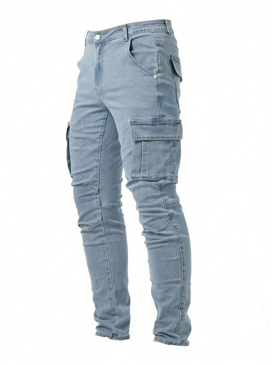 NIUYUNHENGTONG Men's Fashion Casual Washed Slim Fit Cargo Jeans - 霧霾藍 - 查看 1