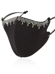 Rhinestone Decorated Fringe Thin Breathable Ice Silk Face Mask With Crystals,Solid Color Sun Protection,Summer