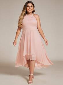 EVERPRETTY Elegant Chiffon Sleeveless Backless Asymmetric Hem Pink Wedding Guest Bridesmaid Dress - Pink - View 1