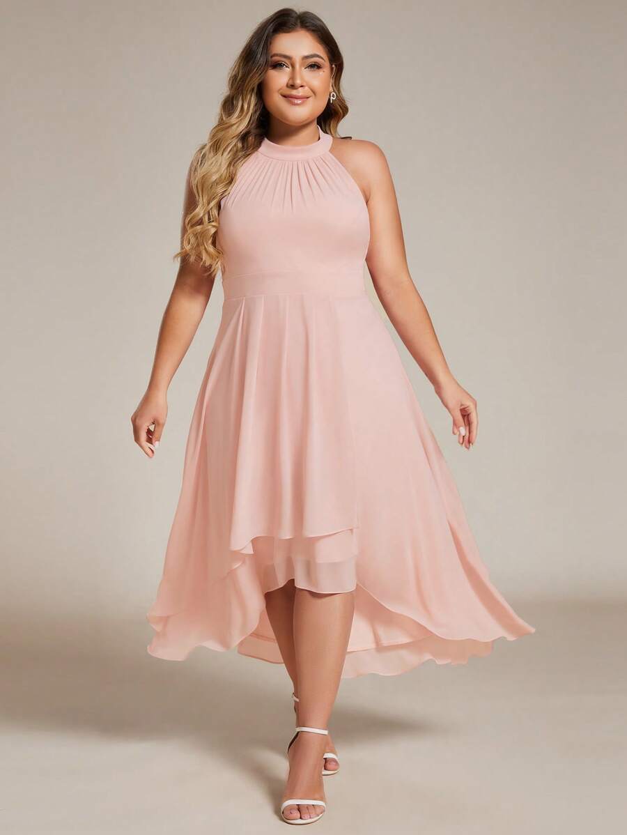 EVERPRETTY Elegant Chiffon Sleeveless Backless Asymmetric Hem Pink Wedding Guest Bridesmaid Dress - Pink - View 1
