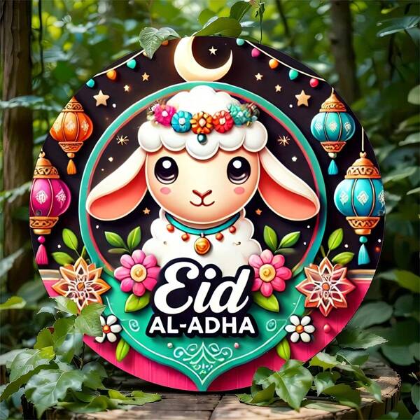 1pc Eid Mubarak Sheep Wall Art Sign, 8-Inch Round Metal Plaque, Weather-Resistant Outdoor & Indoor Decor, Classic Style, No Electricity Needed, Easy To Wall Mount, Suitable For Home, Office, Bar, Versatile Use, Iron Material, Random Hole Style