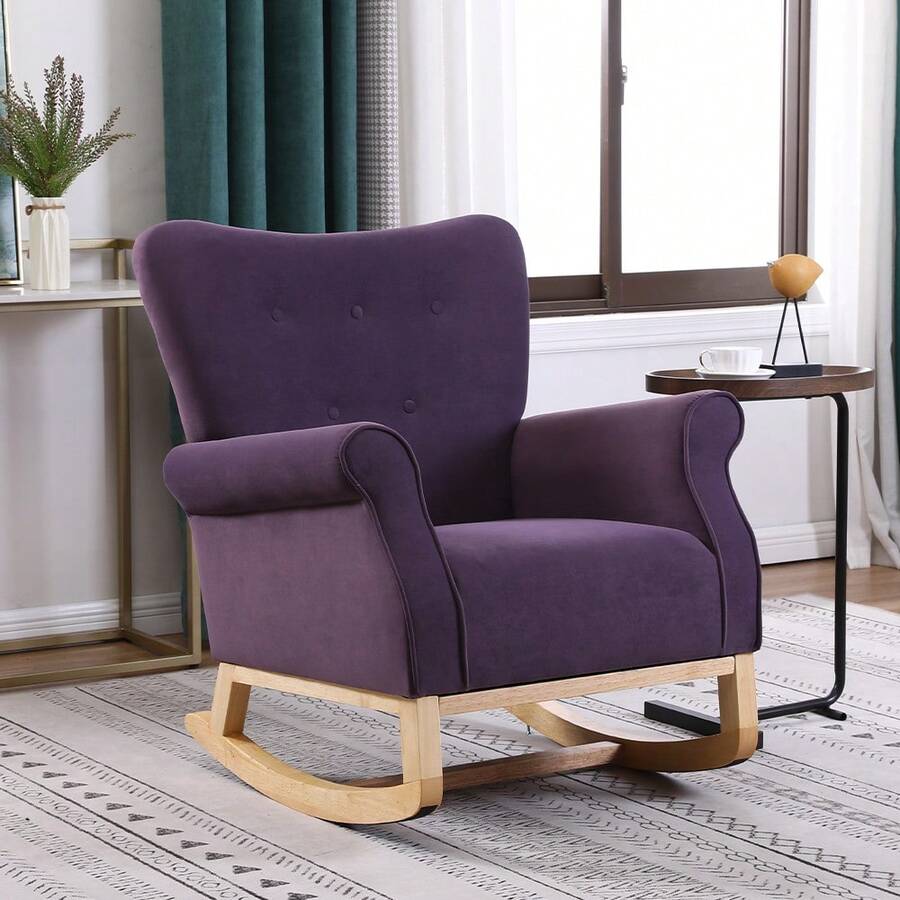 Baby Room High Back Rocking Chair Nursery Chair, Comfortable Rocker Fabric Padded Seat, Modern High Back Armchair - Purple - View 1