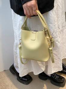 Bolso de mano elegante y simple de unicolor con patrón de litchi miniatura, versátil y adecuado para ir de compras y salidas casuales - Verde - Ver 7