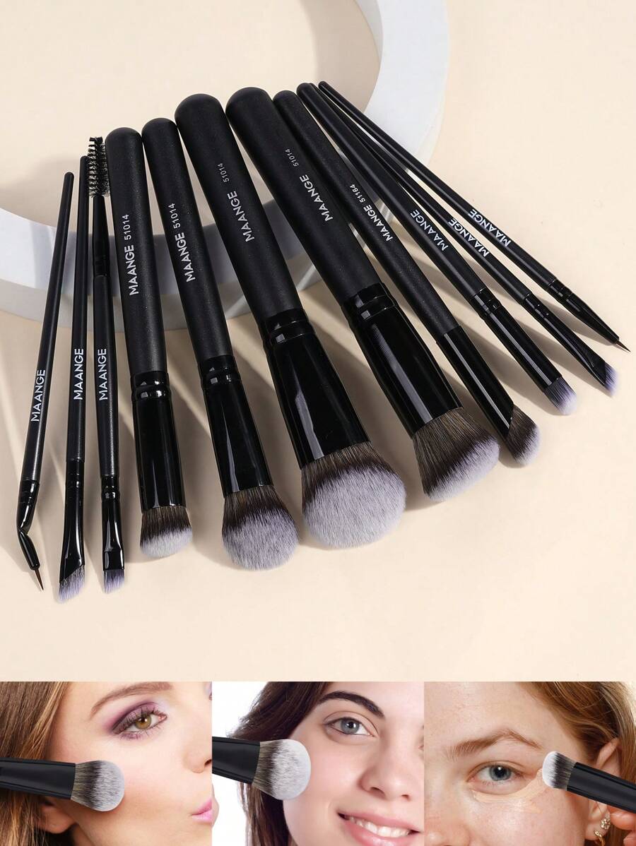 MAANGE 11pcs Professional Facial Makeup Brush Set With Paper Box ,2pcs Eyebrow Brush,2pcs Eyeliner Brush,Foundation Brush,Contour Brush,Blush Brush,Eyeshadow Brush,Nose Contour Brush ,Concealer Brush Makeup Brush With Soft Fiber For Powder,Liquid,Cream For Easy Carrying,Brush For Travel - 黑色 - 查看 1