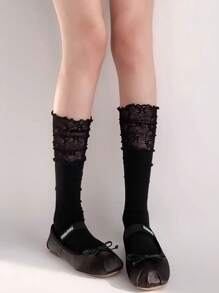 1双白色蕾丝透气小腿袜，随机发货