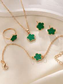 Set de 5 piezas de joyería: Collar colgante de gota de aceite de cinco hojas de la suerte, pulsera, aretes, anillo, set de joyas de moda, apto para cualquier ocasión, regalo para novia, madre en el Día de San Valentín o Día de la Madre