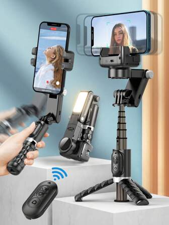 TOKQI Gimbal Stabilisator Voor Smartphone, Selfie Stick Statief Met Gezichtsherkenning Desktop Volgmodus, Met Vullicht, 360° Rotatie, 4-In-1 Draagbaar Telefoonstatief Met Uitschuifbare Aluminiumlegering Stick, Draadloze Afstandsbediening Compatibel Met Iphone 14/13 Android Video-opname