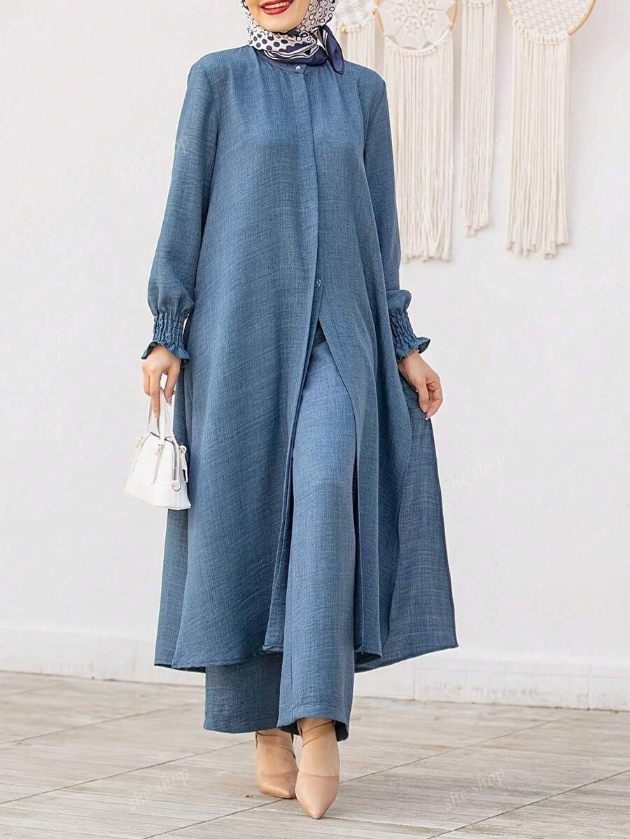2 pièces Ensemble Casual: Top Cardigan unicolore Col Rond et Pantalon Long à Taille Élastique, Tenue Élégante pour Jardin, Trajet, Travail, Printemps/Été/Automne, Modeste