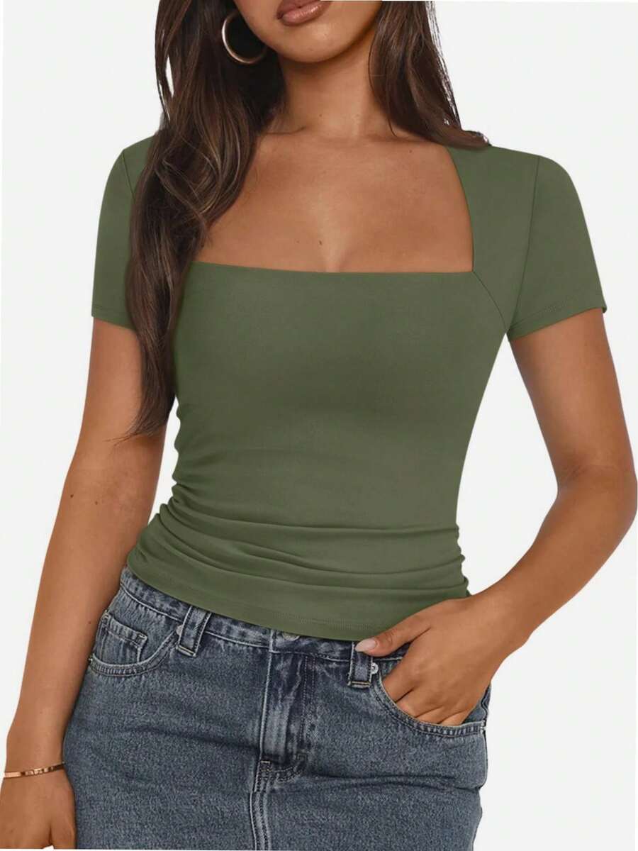 Yeeloon Women's Summer Fashion T-Shirt Square Neck Crop Sexy Top Cute Slim Short Sleeves - 軍綠色 - 查看 1