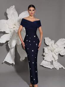 Off Shoulder Handmade Beaded Bodycon Bandage Dress, Sexy & Fitted, Suitable For Family Gatherings, Parties, Banquets, Formal Occasions - Royal Blue - View 1