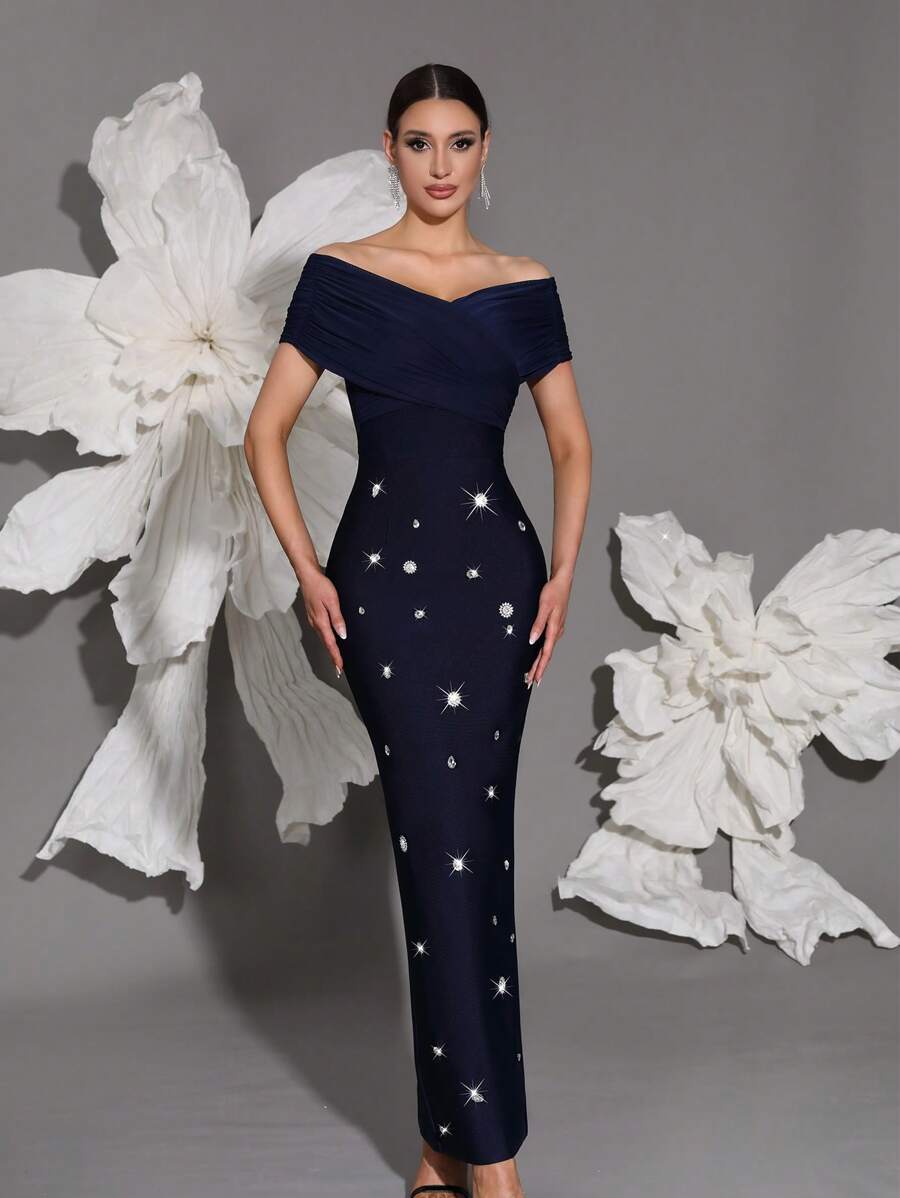 Off Shoulder Handmade Beaded Bodycon Bandage Dress, Sexy & Fitted, Suitable For Family Gatherings, Parties, Banquets, Formal Occasions - Royal Blue - View 1
